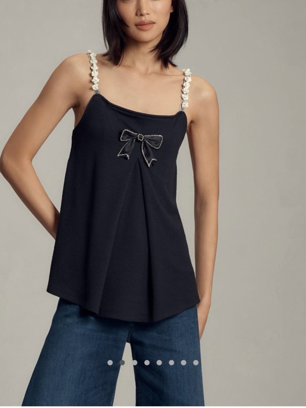 Anthropologie Black Camisole with Pearl Floral Straps and Bow Accent